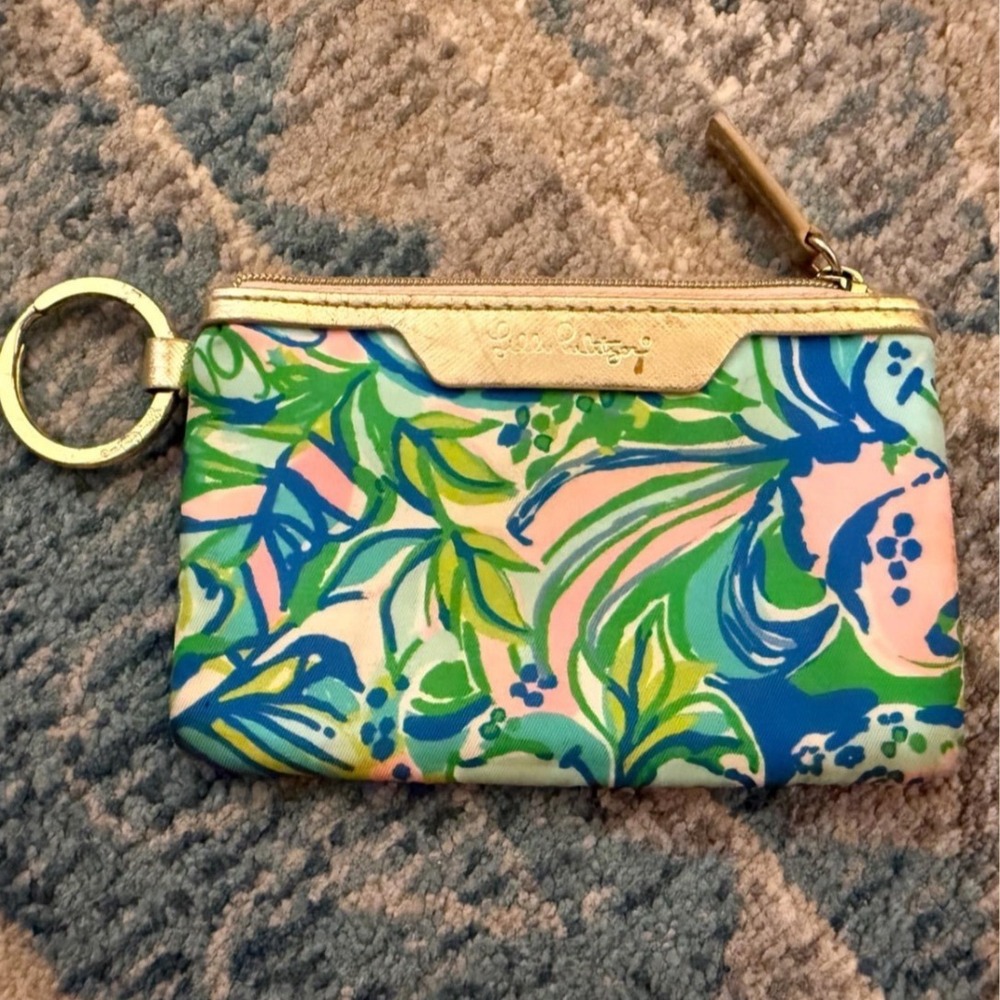 Lilly Pulitzer Floral ID Case Keychain Wallet Pink Green Blue Gold Trim